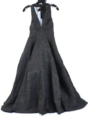 Queenia Q25 Formal V-neck Halter Romantic Ball Gown in Black Jacquard Satin Prom